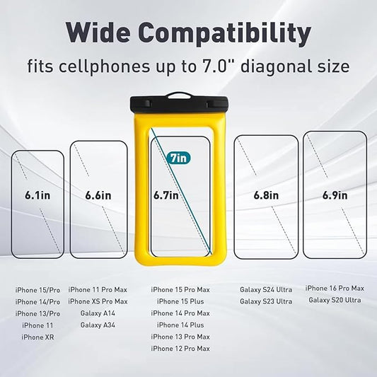 Floatable Soap Bubble Waterproof Phone Pouch/Case with Crossbody Lanyard for iPhone 17 16 Pro Max/15 Pro/14/13/12, IP68 Cellphone Dry Bag Beach Cruise Ship Essentials, 1 Pack-Yellow-7″