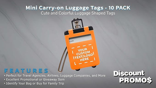 10 Mini Carry-on Luggage Tags Pack - Customizable Text, Logo - Flip Open Cover, ID Sticker - Orange
