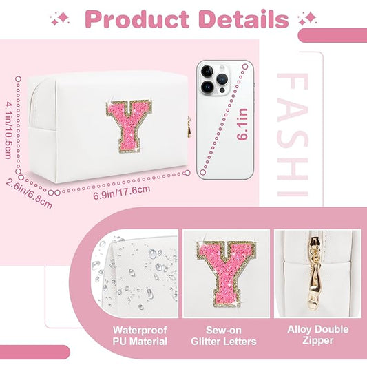 Small Personalized Initial A-Z Patch Makeup Bag,White Cute PU Leather Glitter Letter Cosmetic Bag for Teen Girls,Travel Toiletry Bag with Zipper,Preppy Monogrammed Birthday Gift for Daughter Niece Y