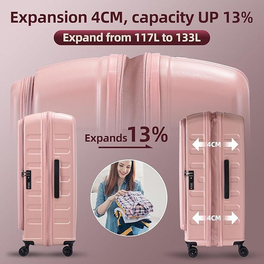 29 Inch Luggage with Expansion & Side Opening Design, 50 * 31(35)*76cm, 117L~133L Ligthweight ABS+PC Hardshell Checked Suitcase, TSA Lock & YKK Zipper with HINOMOTO 360° Wheels, Pink