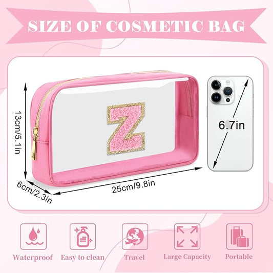 Personalized Initial Letter Clear Makeup Bag,Preppy Small Nylon&PVC Cosmetic Zipper Bag with Chenille Letter,Portable Beach Travel Skincare Toiletry Bag,Trendy Monogram Gift for Teen Girls Women,Z