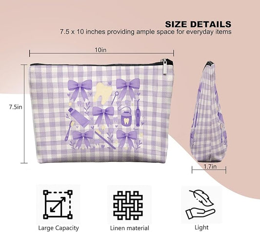 Smile Dental Care Makeup Bag, Cute Tooth & Bow Cosmetic Pouch for Dental Assistant Hygienist Dentist Gift for Women.Purple Checkered Pouch