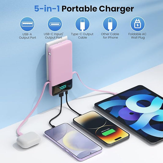 Portable Charger for iPhone with Built in Cables and Wall Plug,Upgraded 13800mAh Fast Charging USB C Power Bank,4 Outputs Travel Essential Battery Pack Compatible with iPhone 17/16/15/14,Samsung-Pink