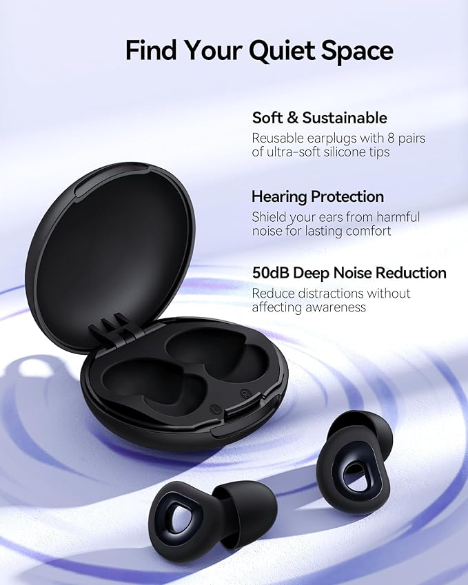 50dB Ear Plugs for Sleeping Noise Cancelling, Ultra-Comfy Noise Cancelling Ear Plugs for Noise Reduction, Concerts, Work, Airplane, Concert Ear Plug Silicone Earplugs with 7 Eartips Black