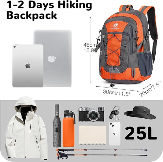 25L Small Hiking Backpack Daypack for Men Women, Waterproof Outdoor Backpack with Chest Strap for Camping, Orange