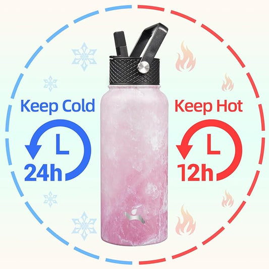 32 oz Insulated Water Bottle Stainless Steel Sport Bottles with 3 Lids,Marble Blossom