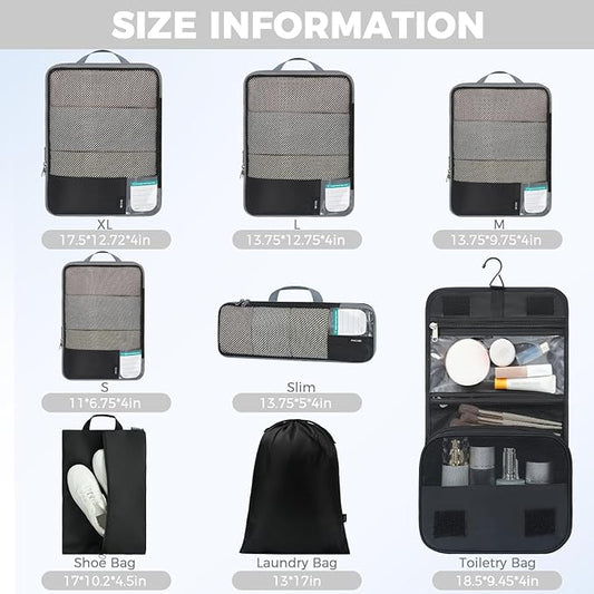 BAGAIL 4 Set/6 Set/8 Set Compression Packing Cubes Travel Accessories Expandable Packing Organizers (Half Mesh, 8-Jet Black)