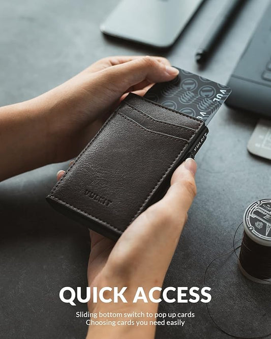 VULKIT Men's Slim Wallet Pop Up Card Holder RFID Blocking Metal Wallet Minimalist Design Holds Up to 11 Cards