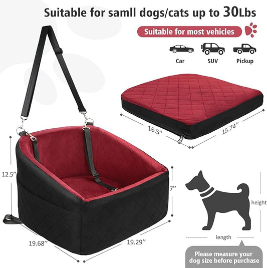 Dog Car Seat for Small Medium Dogs,Detachable Washable Dog Booster Seat Under 30lbs, Pet Car Seats Travel Bed with Storage Pockets and Safety Belt(Black/Red)