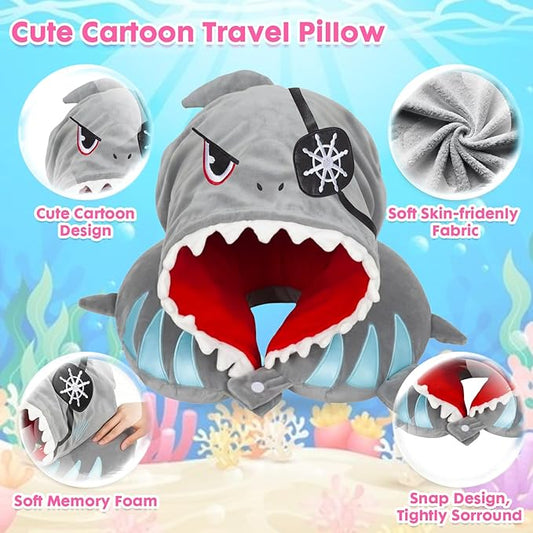 Travel Neck Pillow with Hood for Kids Adult Cute Soft Plush Memory Foam Airplane Neck Pillow for Traveling Animal Flight Pillow Head Rest Neck Support for Cars Long Flights