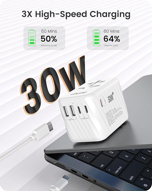 LENCENT Universal Travel Power Adapter, 30W International Wall Charger with 3 USB C 2 USB A Fast Charging, Worldwide Plug Adaptor Travel Essentials for US to EU UK Ireland Australia Type C/G/A/I White