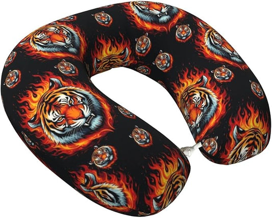 Travel Neck Pillows for Sleeping Rest Car Airplanes Wild and Angry Tiger Fire Flame King Roar Art, Memory Foam with Removable Breathable Zipper Cover Washable for Men Women