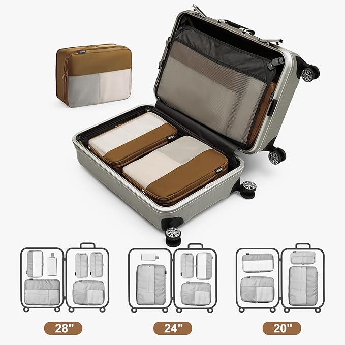 4 Set Compression Packing Cubes for Travel, Suitcases and Backpack Space Saving Organizers (Dark Brown)