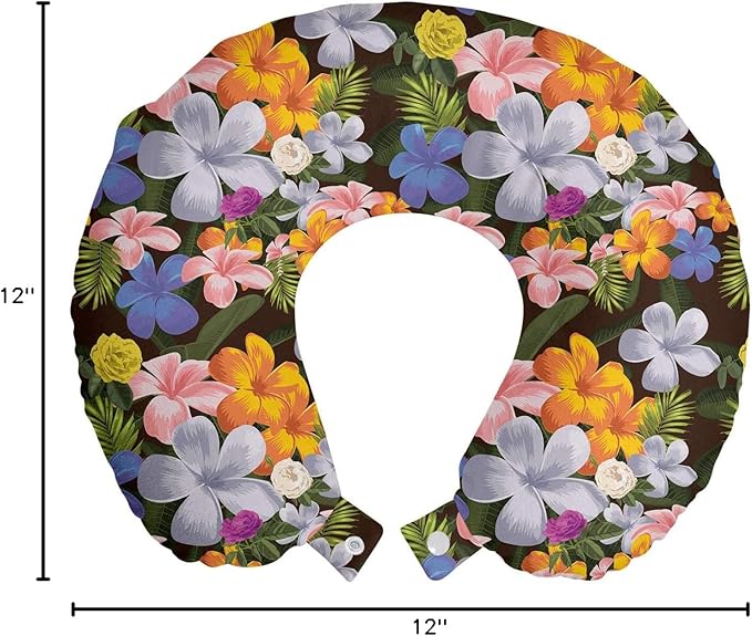 Ambesonne Tropical Travel Pillow Neck Rest, Interpretation of Colorful Various Endemic Hawaiian Flowers, Memory Foam Traveling Accessory for Airplane and Car, 12", Charcoal Grey Multicolor