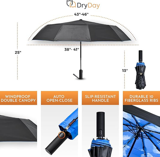DryDay Travel Umbrellas for Rain - Large Windproof Double Canopy Umbrella, 10 Durable Ribs, Strong Frame, Auto Open Close Ergonomic Handle, Compact Waterproof Umbrella for Women & Men