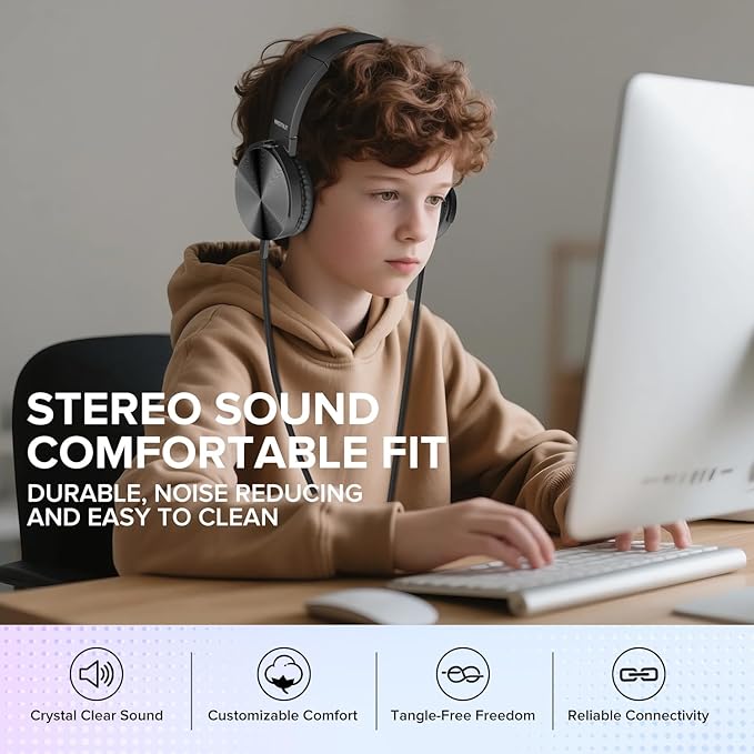5 Pack Wired Bulk Kids Headphones for School Classroom K-12,On Ear with 3.5mm Jack, 4ft Tangle Free Cable,Ideal for Chromebook,Computer,Laptop (HTC004 Black)