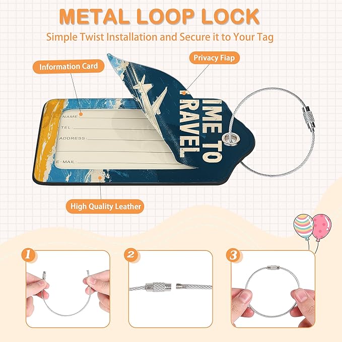 Vintage Airplane Beach Travel 3 Pack Luggage Tags for Suitcases, Tropical Sunset Flight PU Leather Luggage Tag for Travel, Bag Tags with Privacy Name ID Card and Steel Loop for Women Men