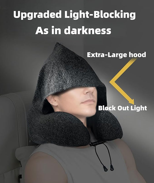 Travel Neck Pillow with Extra Large Hood Rollable Airplant Hooded Neck Pillow with Memory Foam Filling and Removable, Skin-Friendly Cover with a Carrying Pouch