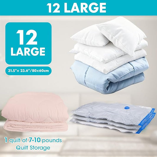 Vacuum Storage Bags with Hand Pump, 12 Large Compression Space Saver Vacuum Seal Bags for Clothing, Travel Luggage, Comforters, Blankets, Pillows, Bedding(12L)