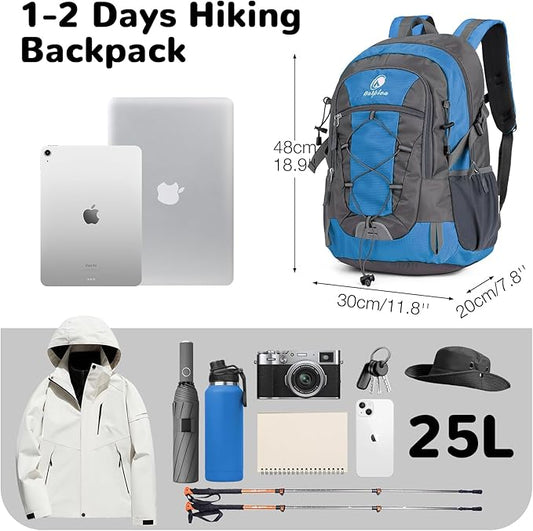 25L Small Hiking Backpack Daypack for Men Women, Waterproof Outdoor Backpack with Chest Strap for Camping, Lake Blue