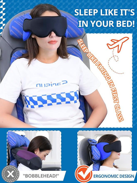 Travel Pillows for Airplanes, Airplane Pillow for Long Flight, Airplane Head Strap with Eye Mask for Sleep, Travel Neck Pillow for Car Road Trip, 360° Support Headrest, Stop Bobblehead, Black