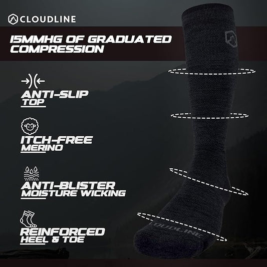 CloudLine - Merino Wool Graduated Compression Socks for Men and Women - Ultralight, Moisture Wicking, Made in USA - 1 Pair