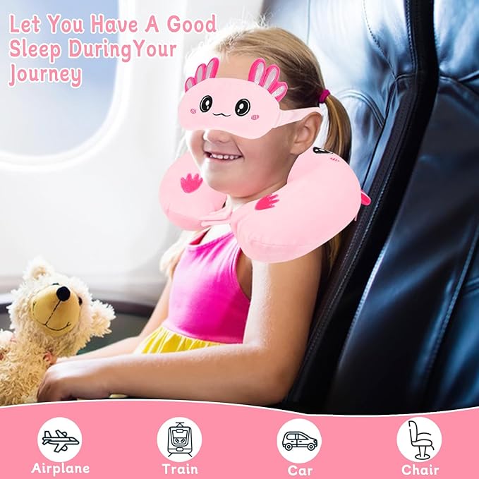 Travel Pillow, Kids Travel Pillow with Sleep Eye Mask Soft Memory Foam Kids Neck Pillow for Boys & Girls, Travel Accessories for Car Airplane Traveling - Axolotl
