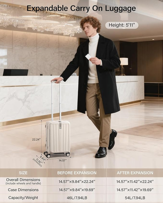 Hanke 20 Inch Expandable Carry On Luggage Airline Approved Top Opening Hard Shell Suitcases with Wheels Lightweight Travel Luggage Carry On Suitcase for Woman Men-Ivory White