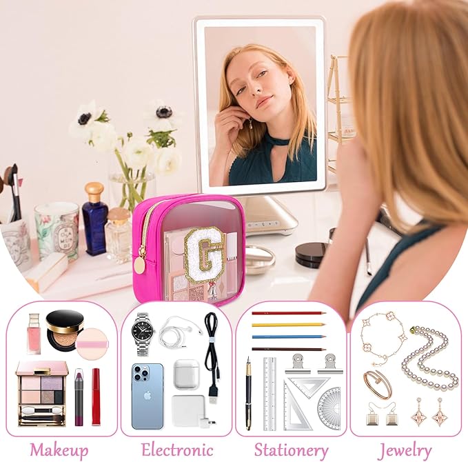 Personalized Initial Letter Clear Preppy Makeup Bag,Mini Nylon Chenille Letter Cosmetic Bag Cute Zipper Pouch Coin Purse for Teen Girls,Portable TSA Approved Travel Essentials Bag Gift for Women,G