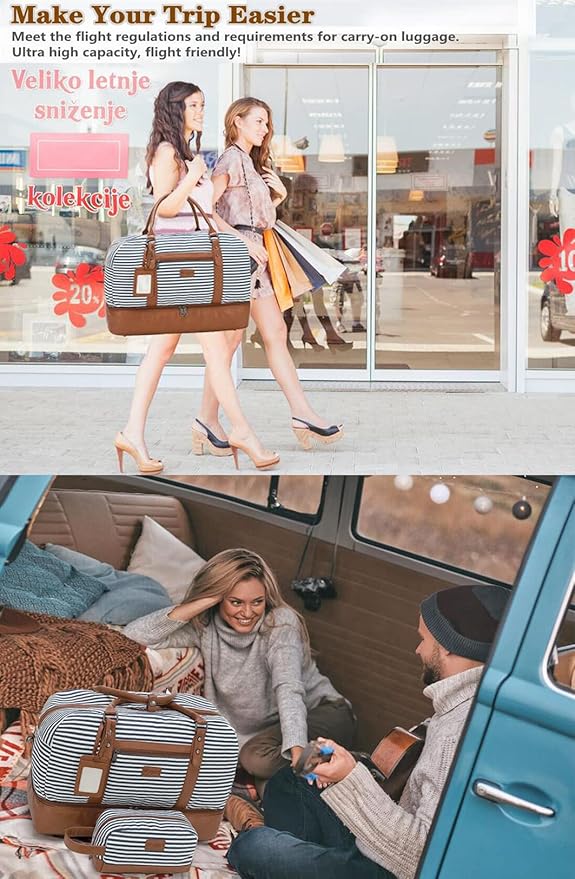 Wogarl Weekender Bags for Women Large Canvas Overnight Bag Travel Duffel Bags Carry on Shoulder Weekend Bag with Shoe Compartment for Travel Night Flight Daily Use