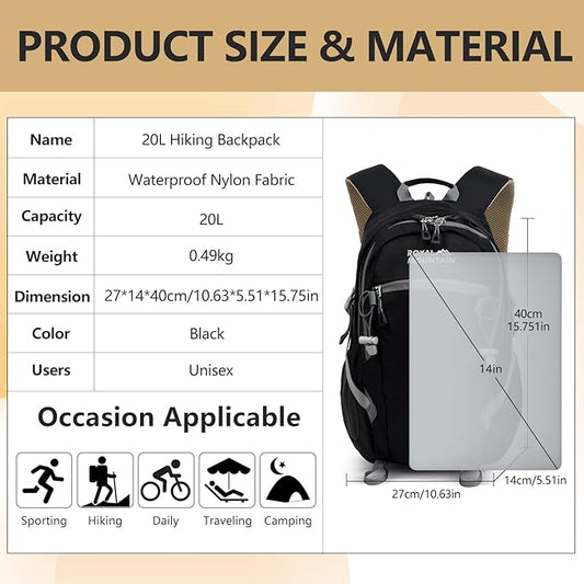 Hiking Backpack With Rain-cover, 20L Travel Backpacks For Women Men, Camping Daypack Backpacks Lightweight, Durable Hiking Backpack Fit For Camping, Daily Commuting, Short Trips (Black)