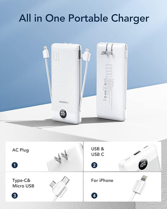 VEGER Portable Charger with Built-in AC Plug and Cables, All in One 10000mAh Ultra Slim Power Bank Travel Essentials, 15W Fast Charging Battery Pack Compatible with iPhone, Samsung, Android (White)