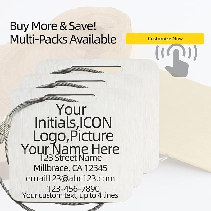 Sturdy and Durable Personalized Luggage Tags for Suitcases,Cruise Essentials Travel Tags for Luggage,Travel Bag Labels,Travel Essentials Heavy-Duty Stainless Steel Silver Square Suitcases Tags