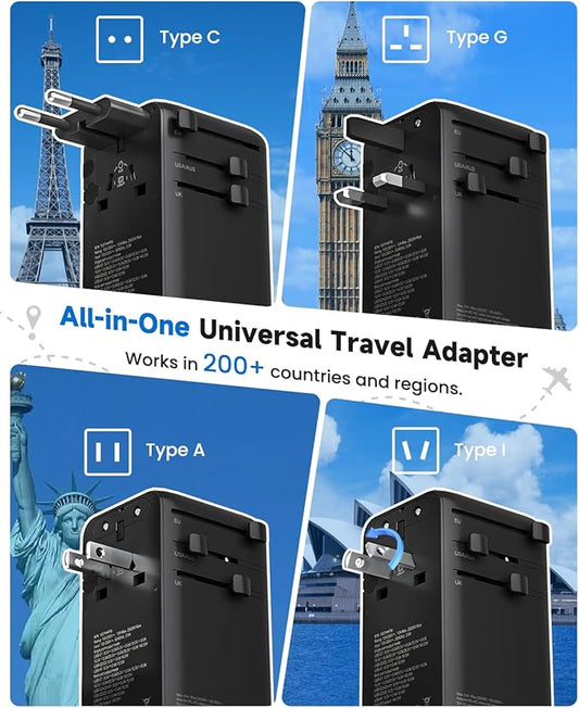 DOACE Universal Travel Adapter, 140W GaN 3.0 European Travel Plug Adapter with Built-in USB-C Cable, 6 in 1 USB-C PD Fast Charging Universal Adapter for Worldwide Travel-EU/UK/USA/AUS