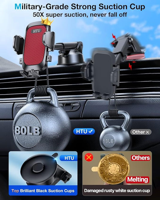 HTU ๐๐๐๐ ๐๐ฉ๐ ๐ซ๐๐๐๐ใTrue Military-Gradeใ Car Phone HolderใSafety Certs & No Smellใ Cell Phone Holder for Car Mount for Dashboard Windshield Air Vent Long Arm Thick Case,Red