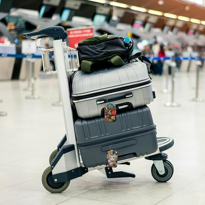 2 PCS Leather Luggage Tags for Suitcase Beautiful Cat Flowers Travel Luggage Tag with Privacy Flap Name ID Label and Metal Loop for Travel Bag Suitcase