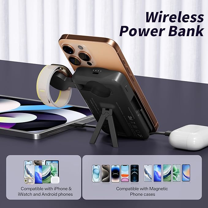 Magnetic Portable Charger Built-in Cables,10000mAh Fast Charging Wireless Charger Station External Battery Pack Slim Pocket Size Power Bank with Stand Compatible with iWatch, iPhone and Android Phones