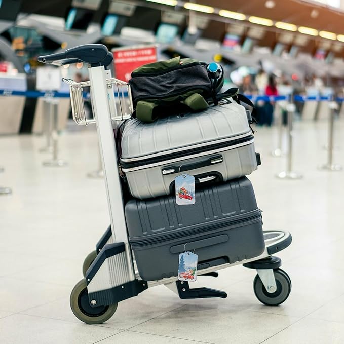 2 PCS Leather Luggage Tags for Suitcase Red Pickup Christmas Tree and Gifts Travel Luggage Tag with Privacy Flap Name ID Label and Metal Loop for Travel Bag Suitcase