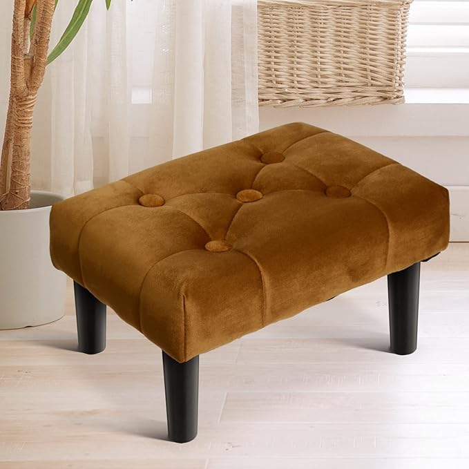HOUCHICS Small Footstool Ottoman,Velvet Soft Footrest Ottoman with Wood Legs,Sofa Footrest Extra Seating for Living Room Entryway Office(Coffee 1PACK)