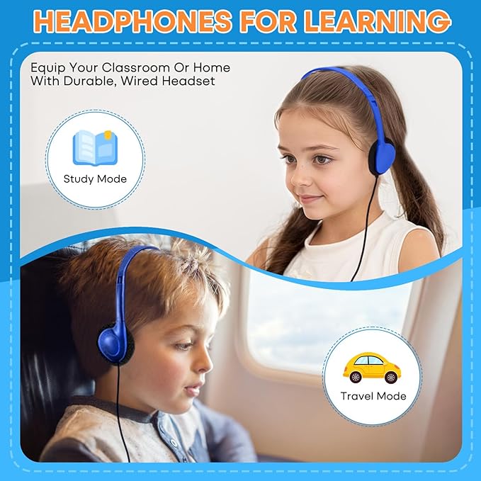 Kids Headphones Bulk 100 Pack for School Classroom Student Children Toddler Boys Girls Teen and Adults, Wholesale Wired Computer Earphones Class Set for Library Museums Airplane (HY857,100 Blue)