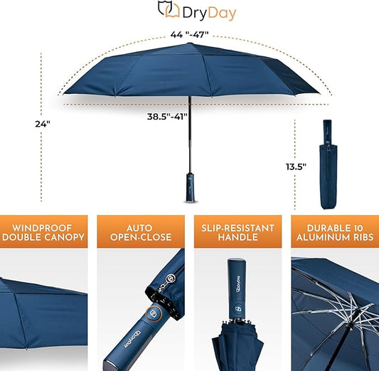 DryDay Premium Umbrellas for Rain, Large Windproof Double Canopy Umbrella, 10 Aluminum Ribs, Sturdy Frame, Auto Open Close Unique Handle, Windproof & Waterproof Umbrella for Women & Men