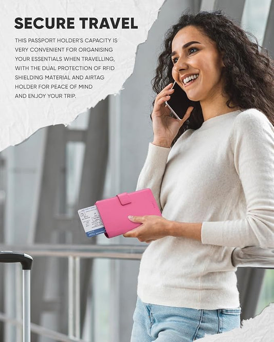 VULKIT Passport Holder with Airtag Holder RFID Blocking Passport Wallet Travel Leather Passport for Women(Rose)