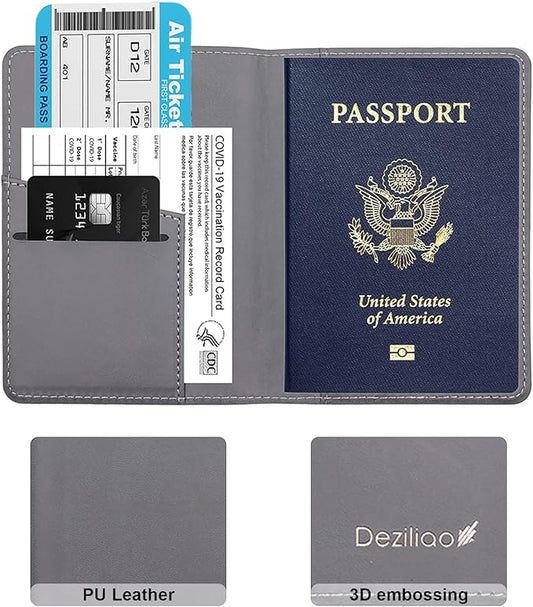 Deziliao Passport Wallet, Gray, Unisex, Faux Leather, Waterproof, Slim, Lightweight, RFID Blocking, 2-in-1 Design, with Document Slots, Credit Card Slots, SIM Card Slots