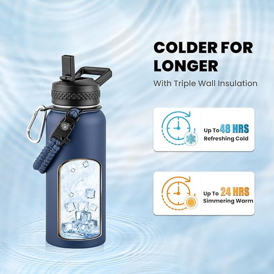 Insulated Water Bottle 32 oz, Triple Wall Vacuum Stainless Steel (Cold for 48 Hrs), Leak Proof & Non-BPA, Modern Water Flask Jug with Paracord Handle & Straw Spout Lids, Navy Blue