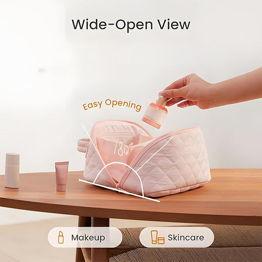 Amposei Makeup Bag Travel Toiletry Bag,Travel Makeup Bag for Women, Puffer Waterproof Cosmetic Organizer, Large Capacity Pouch Open Flat Small Toiletry Bag with Brush Compartment & Handle (Khaki)