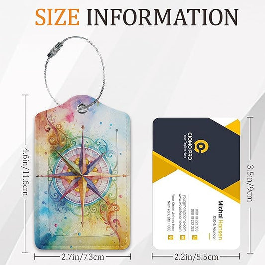Colorful Compass 3 Pack Luggage Tag for Suitcase, Leather Bag Tags with Privacy Cover ID Label and Durable Steel Loop for Cruise Airport Travel