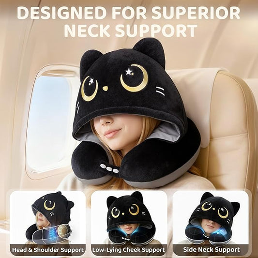Mewaii Travel Neck Pillow with Hood for Airplanes,Memory Foam,Breathable Ice Silk & Soft Velvet,Double-Sided,Removable to Clean,Adjustable Strap,Portable Travel Pillow for Long Flights Adults & Teens