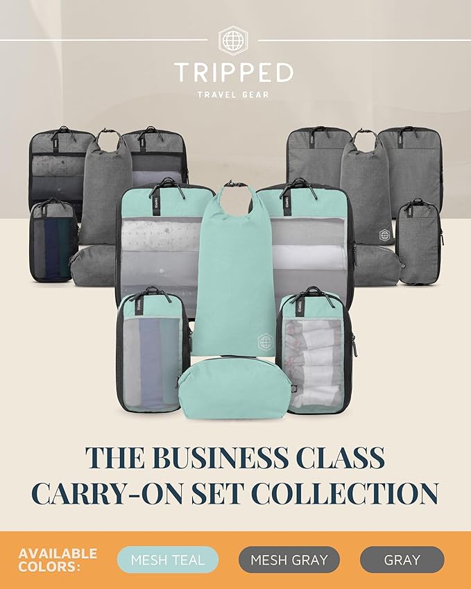Compression Packing Cubes for Travel by TRIPPED – 6-Piece Premium Set with Laundry & Shoe Bag, Space Saving Travel Organizer Bags for Suitcase & Carry-On Luggage (Dusty Teal Mesh)