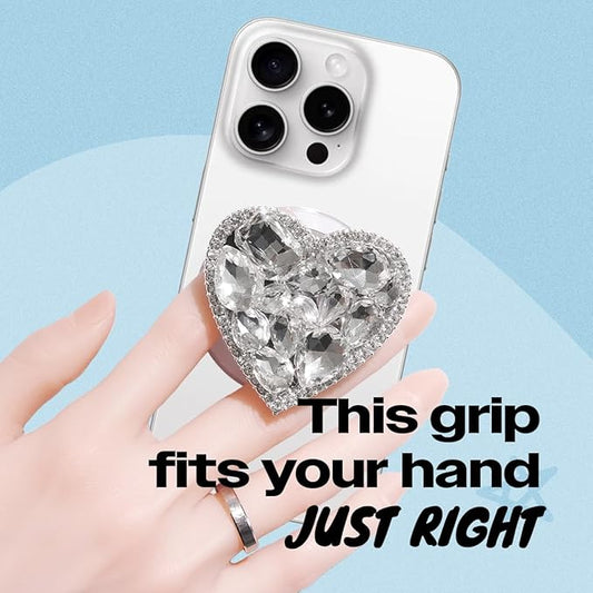 OnTheGrip Compatible with Magsafe Cute Cubic Diamond Heart Shape Design Collapsible Mobile Phone Grip Stand Holder for Smartphone Tablet Cell Phone Accessory (Silver Big)