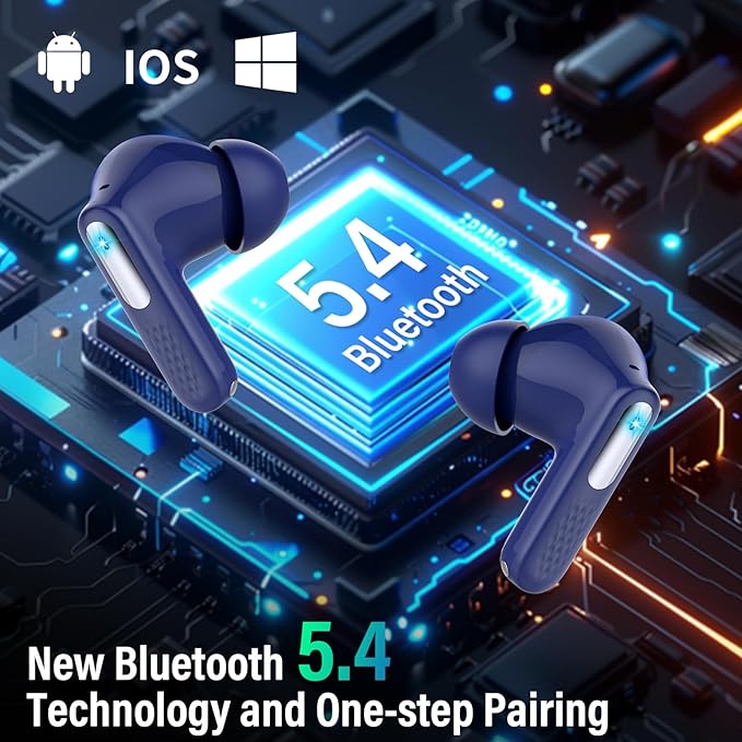 Wireless Earbuds, Bluetooth 5.4 Headphones with Multifunction Touch Screen, 48H Deep Bass Stereo Ear Buds, 5 EQ Modes, ANC/ENC Noise Cancelling, Transparency Mode, IPX7 Bluetooth Earbuds, Blue